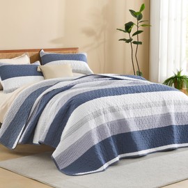 Litanika Oversized King Quilt Set Mineral Blue, 128x120 Stripe Bedspread Coverlet 3 Pieces, Mineral Blue Lightweight Quilted Bedding Set for All Season(Super King Plus-1 Quilt, 2 Pillowcases)