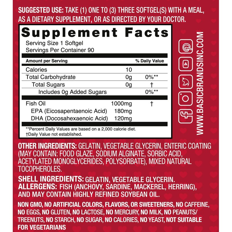 Basic Brands Smart Heart Odorless Omega-3 Fish Oil, Burp-Less, No