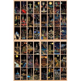 DIFEIUKI Scratch Art, Set of 48, Postcard Type, Funny Coloring, Colorful, Scratch Paper, Night Scenery, Fireworks, Hot Air Balloons, Castle Like a Dream, Just Sharp, Beautiful Art, Children, Birthday
