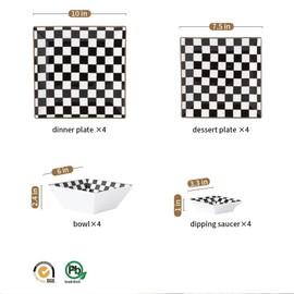 Porlien Checker Porcelain Square Dinnerware Set for 4, Dishes Set for 4 with 3.3-inch Dipping Saucers, Black and White Plates and Bowls Set