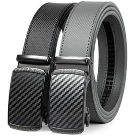 Founders & C Mens Belt 2 Pack,Leather Ratchet Click Belt Dress with Slide Buckle 1 3/8" in Gift Set Box- Size Adjustable (Carbon Fiber Black/Grey, 28"-42" Waist Adjustable)