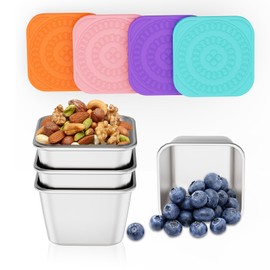 ENCYS Set of 4 Snack Containers,Toddler Snack Containers,Stainless Steel Snack Containers for Kids;Leak Proof Stackable Small Metal Food Containers with Silicone Lids