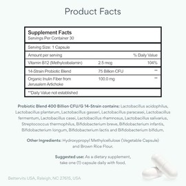 Bettervits Probiotics for Women & Men – 75 Billion CFU | Digestive Health and Gut Support Prebiotic | 14 Clinically Studied Strains with Vitamin B12, 