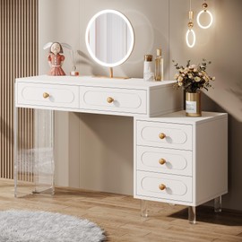 Tribesigns White Vanity Desk with 5 Drawers, Extendable White Makeup Vanity with Acrylic Base and Gold Handles, Small Modern Dressing Table for Women Girls (Only Table)