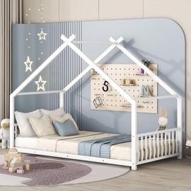 Twin Size Metal House Bed Frame for Boys Girls Kids Adults, White