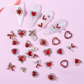Abalorio de corazón en 3D, diseño de corazón de uñas rojas, abalorios de diamante rojo brillante para regalo de mujeres y niñas (corazón rojo)