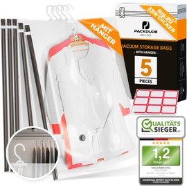 PACKDUDE® Hanging Vacuum Bags for Clothes, 100 x 70 cm, Sturdy Vacuum Clothes Bags for Clothes, Vacuum Bags for Clothes, Hanging Vacuum Bags for Clothing, Vacuum Bags for Hanging, Pack of 5