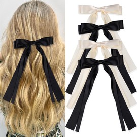 Oversized Long-tail Cute Aesthetic Hair Accessories: 4 PCS Ribbon Bows, Large Hair Barrettes, Big Bows for Girls (Beige, Black)