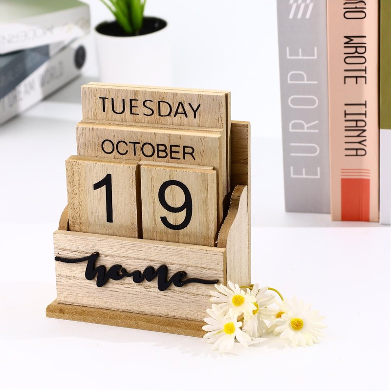 Sekonow Wooden Block Perpetual Calendar for Desk, Wood Desktop Month