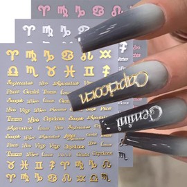 6 Sheets Zodiac Nail Stickers 3D Self-Adhesive English Letters Nail Art Stickers for Nail Art Pink Gold Silver Design Zodiac Nail Decals Pegatinas Uñas Letter Stickers for Women Girls Acrylic Nails