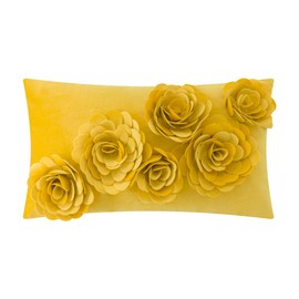 JWH 3D Rose Flower Accent Pillow Cases Handmade Cushion Covers Velvet Pillowcases Home Sofa Office Chair Bed Room Decor 12 x 20 Inch Yellow