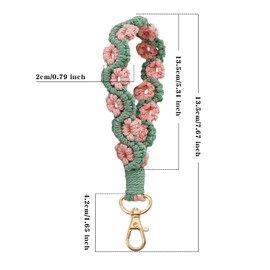 XGALBLA Beautiful Two-tone Macrame Keychain Boho Handmade Wristlet Bracelet Keychain Flower and Flower Branch Wrist Lanyard Handmade Weave Exquisite Holder for Women(Pink and Green)