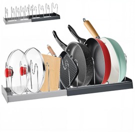 Pot Lid Holder, Lid Holder Kitchen, Expandable Pot Lid Organiser with 10 Adjustable Compartments, Pan Organiser Drawer for Chopping Boards, Pans and Bakeware (Black)