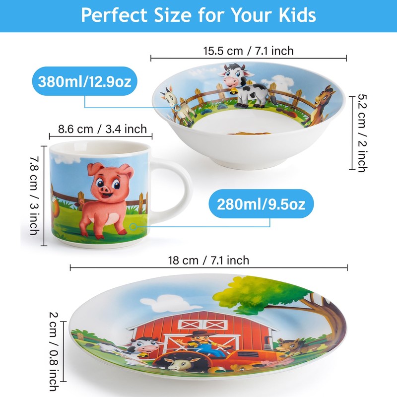 MIAMIO Kids' Farm Dinnerware Set - 3 Pieces, Ceramic, Includes