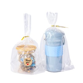 Klmnop 200 Pack 8"x 11" Bottom Gusset Bags, Clear Plastic Cello Cellophane Bags with Twist Ties and Thank You Sticker, Gift Packaging for Party Favor Mugs, Dessert Goodies, Cookies(Clear)
