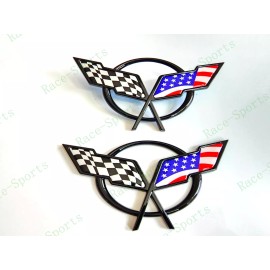 AUTO 2PC Black Front & Rear Deck Lid Cross Blue US Flags Emblem 1997-2004 C5 Corvette