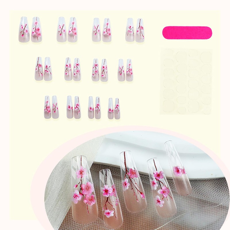 CJDLTS Flower Press on Nails Long Length Pink Plum Bossom