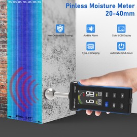 HOLDPEAK Pinless Wood Moisture Meter, Non-Destructive Moisture Meter for Wood, Concrete, Floors, Walls, Measuring Depth 20-40mm Digital Moisture Meter with Masonry-Spherical Sensor, Large LCD Display