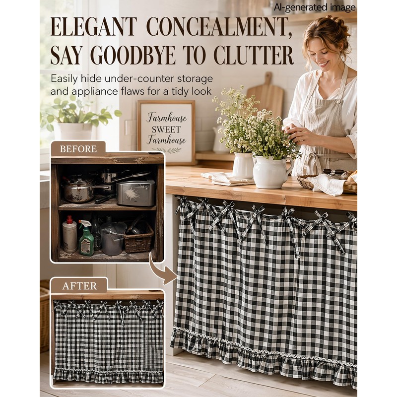 Handmade Check Oven Skirts, Oven Curtain for Farmhouse Kitchen (Black)