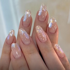 Bzzerumy Bling Coffin Press On Nails Fake Nails Tips Full Cover Medium False Gradient Nails for Women and Girls 24 Pieces (Nude Rhinestones with Bling)