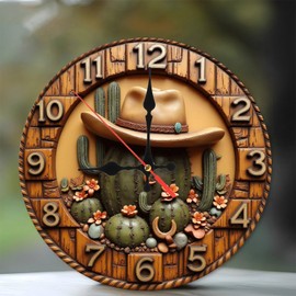 Lancholy Cactus Cowboy Hat Wall Clock Decor Western Rustic Home 10-Inch Wooden Wall Clock, Silent Movement, Battery Operated (AA Batteries Not Included), Artistic Home Decor, Perfect for Home Accents