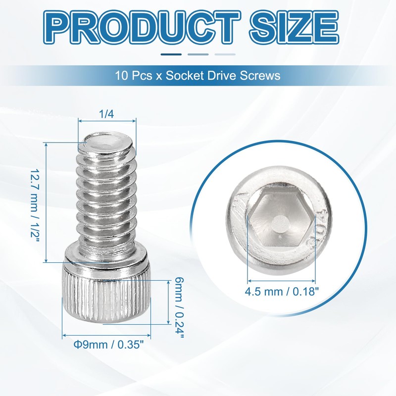 PATIKIL 1/4-20x1/2 Hex Socket Head Bolts Screws 304 Stainless Steel