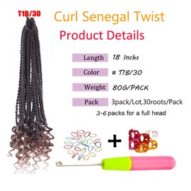 Haolocs 3Pack/Lot Curly Senegalese Twist Crochet Hair 18 Inch Curly Ends Prelooped Goddess Braids Crochet Hair Synthetic Braiding Hair Extensions for Women (#T1B/30)
