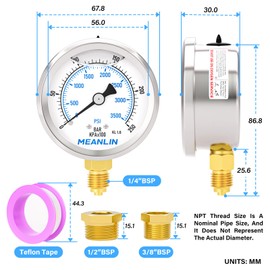 MEANLIN MEASURE 0-250bar/3500PSI Stainless Steel 1/4" BSP 2.5" Face Dial Fluid Filled Pressure Gauge WOG Water Oil Air Bottom Mount, with 1/4" x 1/2" BSP and 1/4" x 3/8" BSP Hex Socket