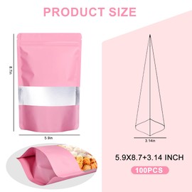 100 bolsas de Mylar para almacenamiento de alimentos, bolsas a prueba de olores, empaque de alimentos resellables para pequeñas empresas con ventana, 5.9 x 8.7 pulgadas, rosa