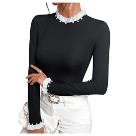 Verdusa Women's Color Block Pearls Beaded Mock Neck Frill Trim Long Sleeve Pullovers Ribbed Knit Fit Shirts Black Medium