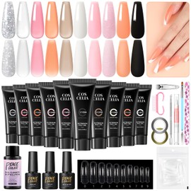 Peacecolor Poly Nail Gel Kit 10 Colors Poly Nail Extension Gel with Matte/Glossy Top Coat Base Coat 50PC Quick Building Forms Tips Manicure Tools Starter Kit Gift for Women Girls DIY Salon at Home
