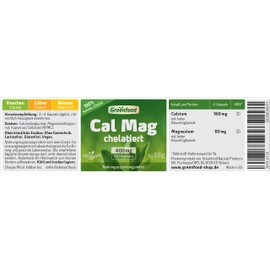 Greenfood - Calcium + Magnesium - 400 mg - 120 Vegan Capsules - High Bioavailability - Ideal 2:1 Ratio (Calcium to Magnesium) - Essential for Teeth, Bones and Muscles