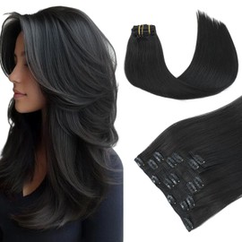 PINKPEARL Clip in Human Hair Extensions #1B Natural Black Clip in Hair Extensions Real Human Hair 22 inch Remy Hair 120g 7pcs Straight Natural Human Hair Clip ins(#1B-22)