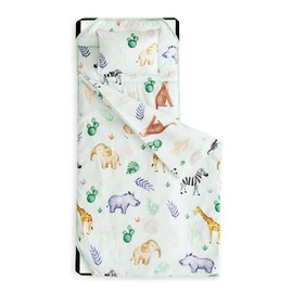 Wake In Cloud - Cot Nap Mat with Pillow and Blanket, for Toddler Kids Boys Girls in Daycare Kindergarten Preschool Pre K with Elastic Corner Straps, Cartoon Animals Trees, Light Green