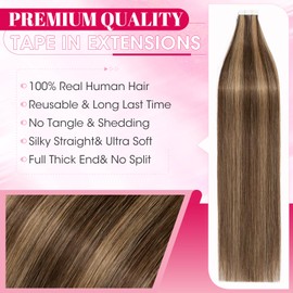 MY-LADY Seamless Invisible Tape Hair Extensions Highlighted - 20pcs Remy Real Human Hair Straight #4/27 Medium Brown Mix Dark Blonde - 12 Inch 30g
