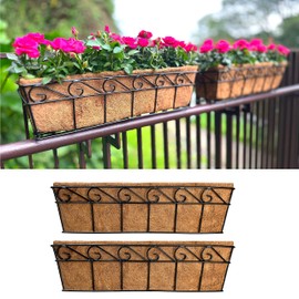 LaLaGreen Large Window Flower Boxes - 2 Pack, 24 Inch Balcony Planter, Deck Railing Planters with Coco Liners Outdoor Wall Pot Plant Holder, Black Metal Horse Trough Fence Patio Porch Over Rail Decor