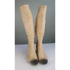 Coutgo Women’s Knee High Boots Wide Calf Chunky Block Heel Round Toe Size 8.5 Beige