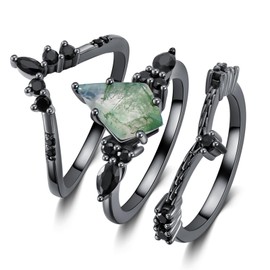 Black Moss Agate Rings Set for Women Sterling Silver Kite Cut Moss Agate Engagement Wedding Ring for Women Wife Vintage Bridal Ring Set Size 9