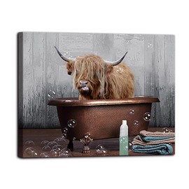 Highland Cow Wall Art Bathroom Decor Cow in Bathtub Canvas Print Longhorn Picture Farmhouse Wall Decor Stretched and Framed 16x20inch