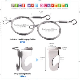 GLARKS 12Pcs 2 Inch Drop Ceiling Hooks with Hanging Wire Set, 10 Pack Ceiling Hangers and 2Pcs Adjustable Stainless Steel Wire with Loop and Hook for Hanging Plants, Lights, Decorations up to 20 lbs