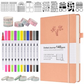 Bullet Dotted Journal Kit, 140gsm Hardcover A5 Dotted Journal with 188 Numbered Pages and 3 Index, 12 Brush Pens Dual Tip, 10 Stencils and 14 Washi Tape for Women Men Teen Girls, Pink