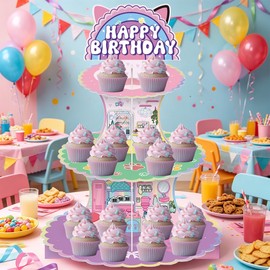 NF ORANGE 3-Tier CartoonHouse Cupcake Stand,Pink Cat Birthday Dessert Stand Rainbow House Theme Birthday Supplies