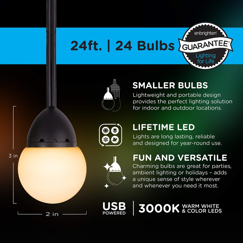 Enbrighten USB-Powered Café String Lights, 24ft, 24, LED, Indoor or