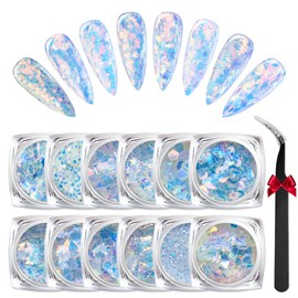 Modelones Holographic Nail Sequins 12 Colors Iridescent Mermaid Nail Glitter 3D Laser Sequins Nail Sparkle for Gel Nail Polish Dip Powder Flake Acrylic Paillettes with Tweezers Nail Art Decoration