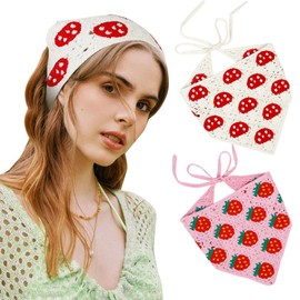 WOVOWOVO Crochet Bandana Headbands Head Kerchief for Women Crochet Knitted Headwrap Vintage Handmade Hair Bandanas, 2 Pcs