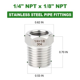 TAISHER 5PCS 304 Stainless Steel New Reducer Hex Bushing, 1/4" NPT Male x 1/8" NPT Female, Reducing Pipe Adapter Fitting