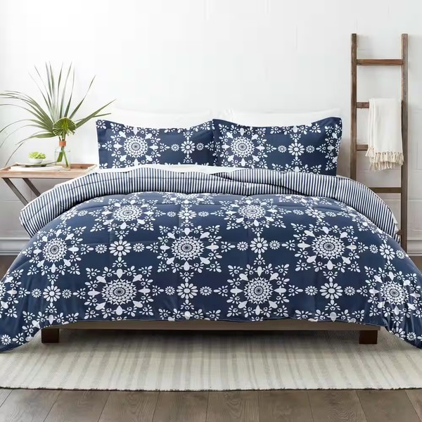 3-Piece Navy Daisy Medallion Reversible Pattern Microfiber King / California