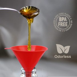 KongNai 4 Pieces Plastic Funnel Set for Kitchen and Automotive Use, Mini, Small, Medium and Large Funnel for Filling Bottles, Canning, Cooking, Lab or Car Oil Funnels (Red)