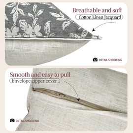Pack of 2 Linen Throw Pillow Covers Grey Jacquard Floral Pillow Covers 18x18 Inch Decorative Pillowcover for Couch Bedroom Living Room Home Decor