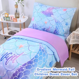 STYHO Blue Toddler Duvet Cover Set Colorful Mermaid Tail Printed Cot Bedding Set Soft Reversible Gradient Toddler Bedding Set(Blue Mermaid, Cot Bed)